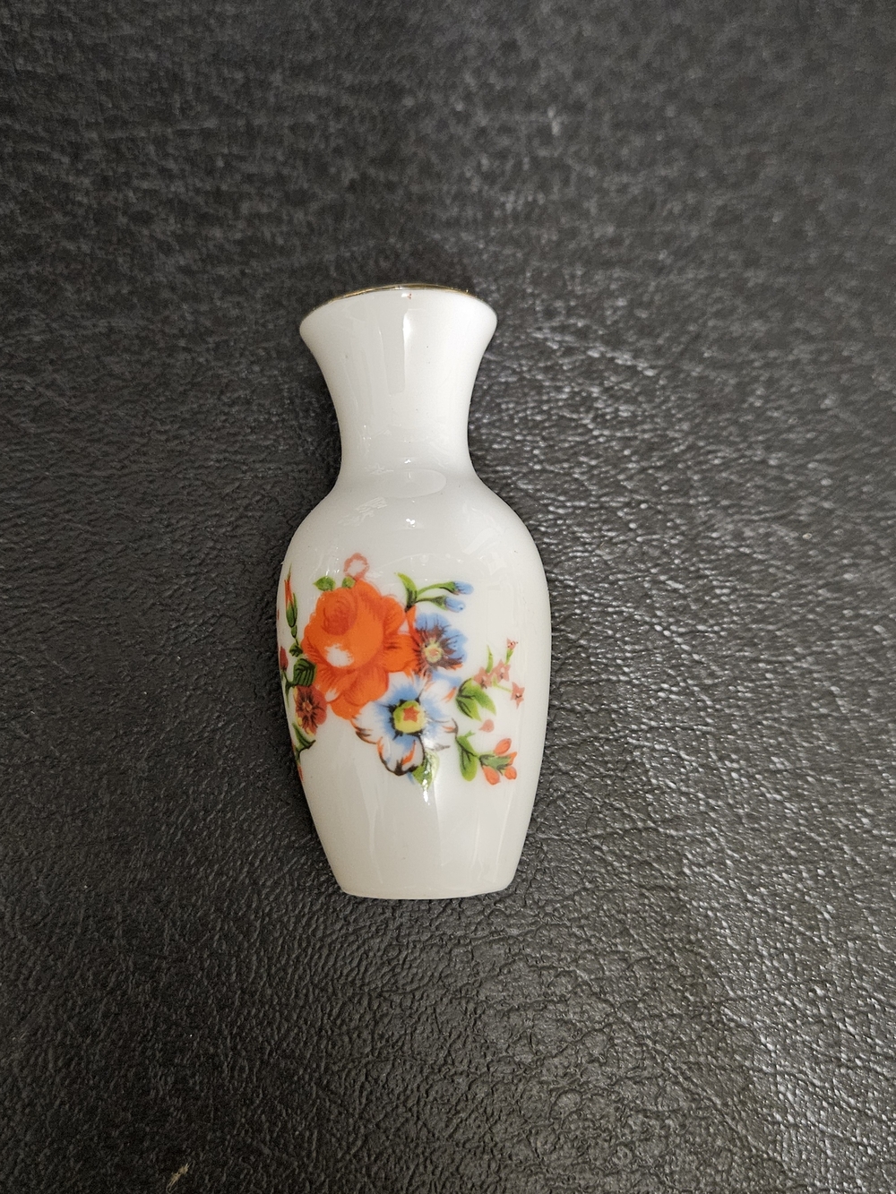 Vintage Tiny Knick Knack White Porcelain Bud Vase with Orange Floral Accent